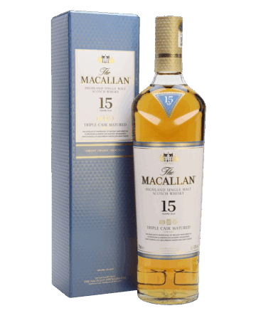 Whisky The Macallan 15 Años Triple Cask (Conocido como Fine Oak 15 Años) es un whisky single malt escocés de Speyside que destaca por su refinada complejidad y equilibrio.