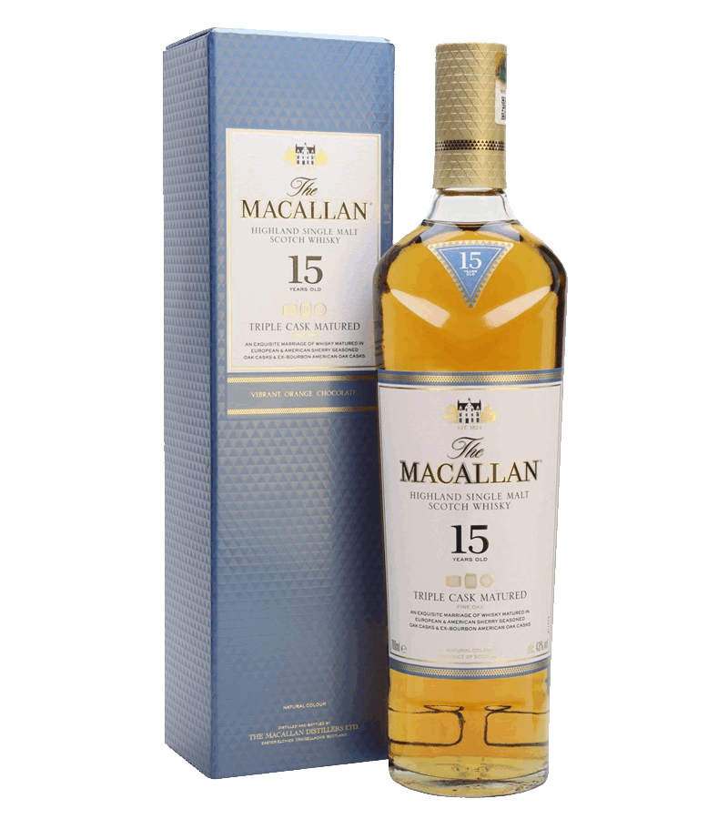 Whisky The Macallan 15 Años Triple Cask (Conocido como Fine Oak 15 Años) es un whisky single malt escocés de Speyside que destaca por su refinada complejidad y equilibrio.